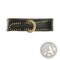 Black leather belt with gold-tone studs and matching buckle paired with cream lace asymmetric ruffle skirt