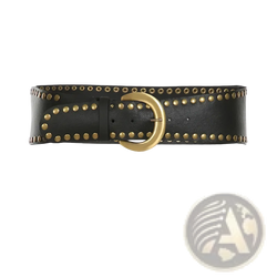 Black leather belt with gold-tone studs and matching buckle paired with cream lace asymmetric ruffle skirt