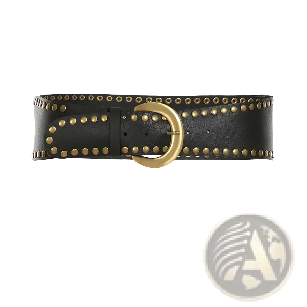 Black leather belt with gold-tone studs and matching buckle paired with cream lace asymmetric ruffle skirt