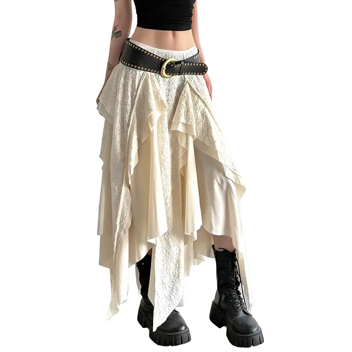 Cream lace asymmetric skirt with layered ruffles and a black studded belt for elegant occasions
