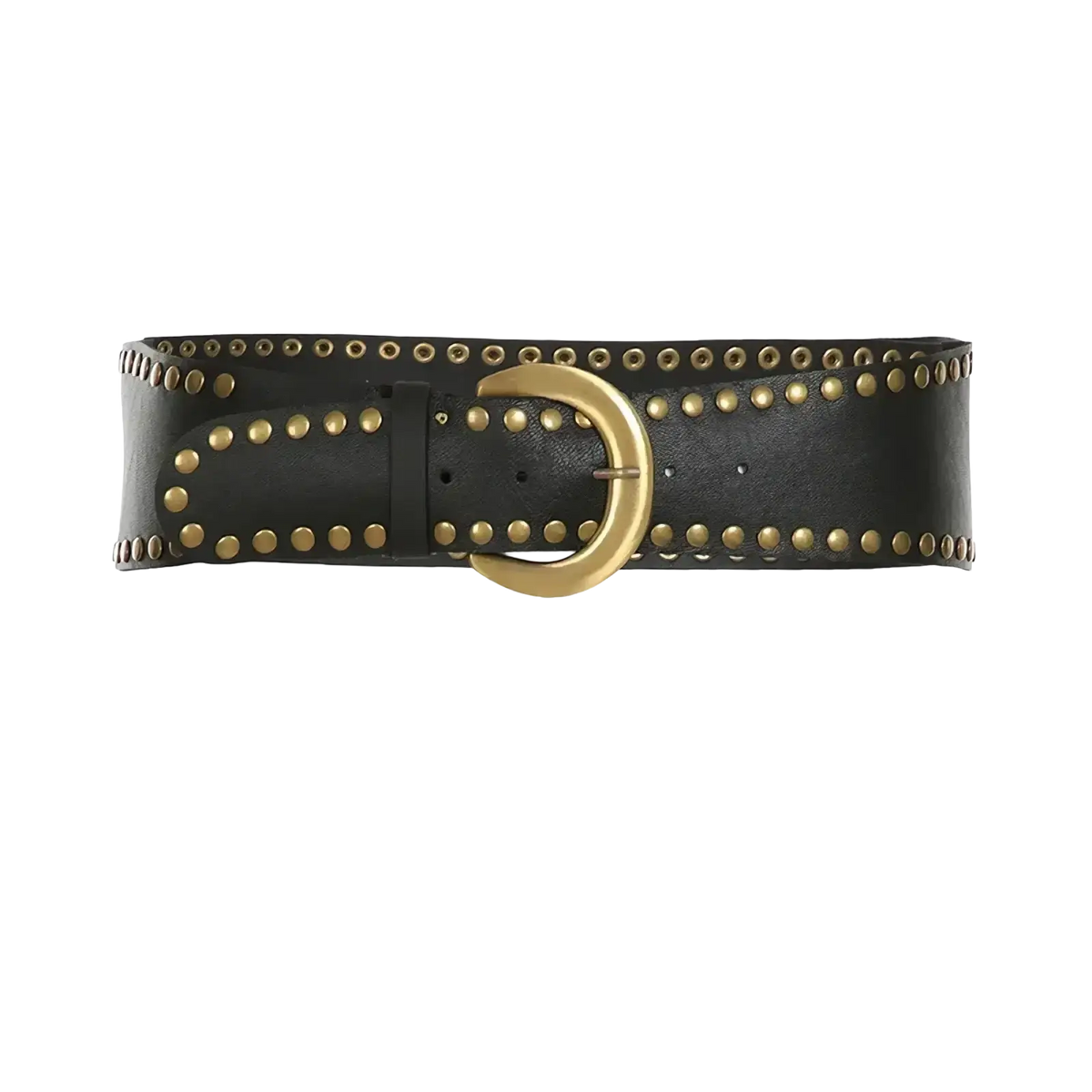 Black leather belt with gold-tone studs and matching buckle paired with cream lace asymmetric skirt