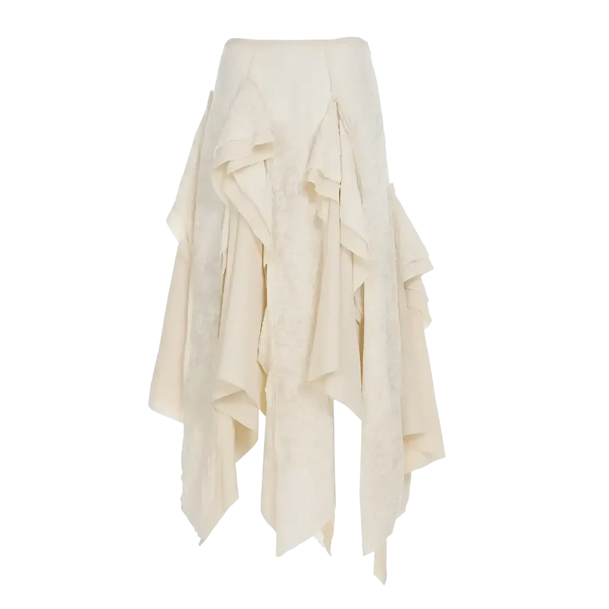 Cream lace asymmetric skirt with layered ruffles high waist and belt in a cream color lace asymmetric design