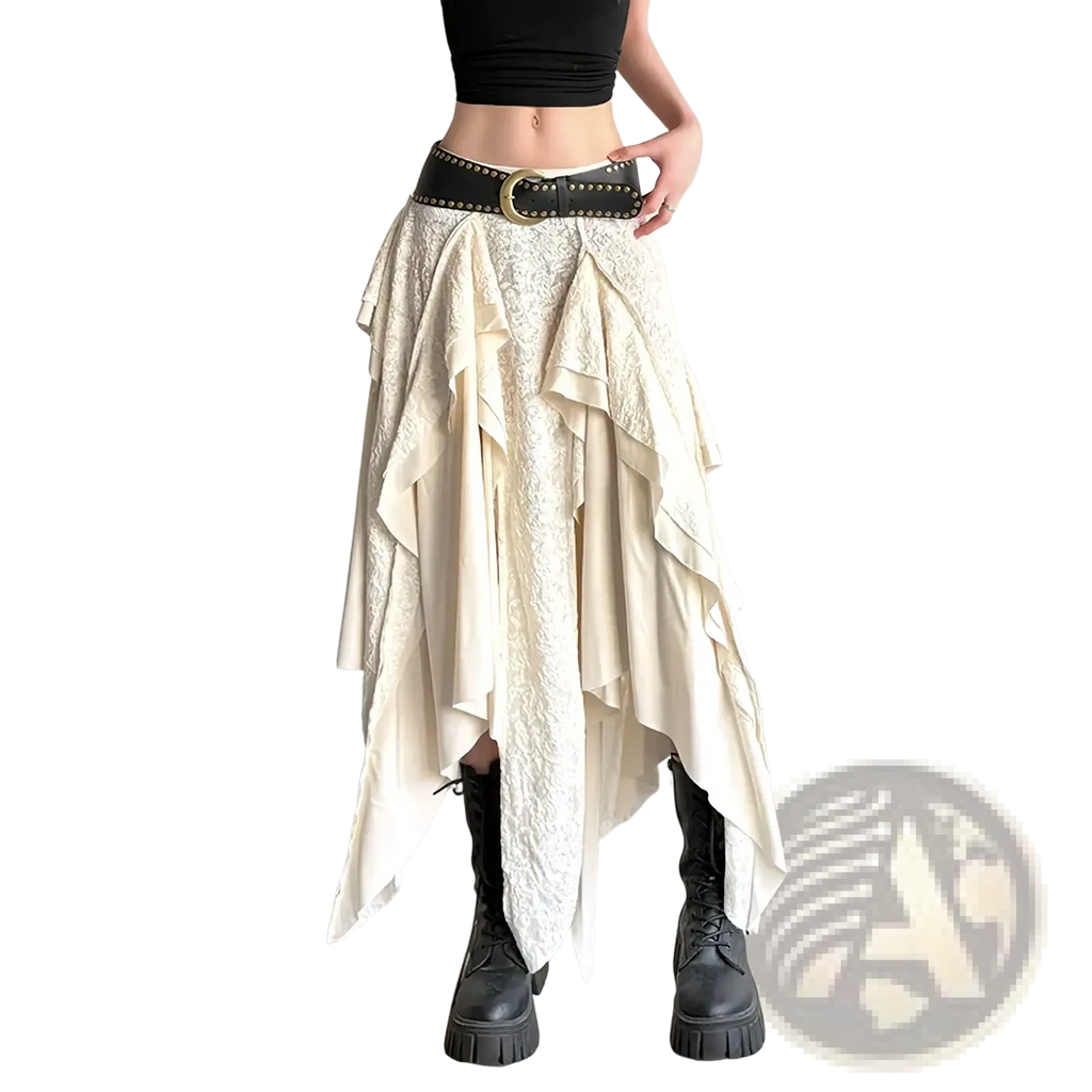 Cream lace asymmetric ruffle skirt with layered lace fabric, cream color, and belted waist for elegant wear