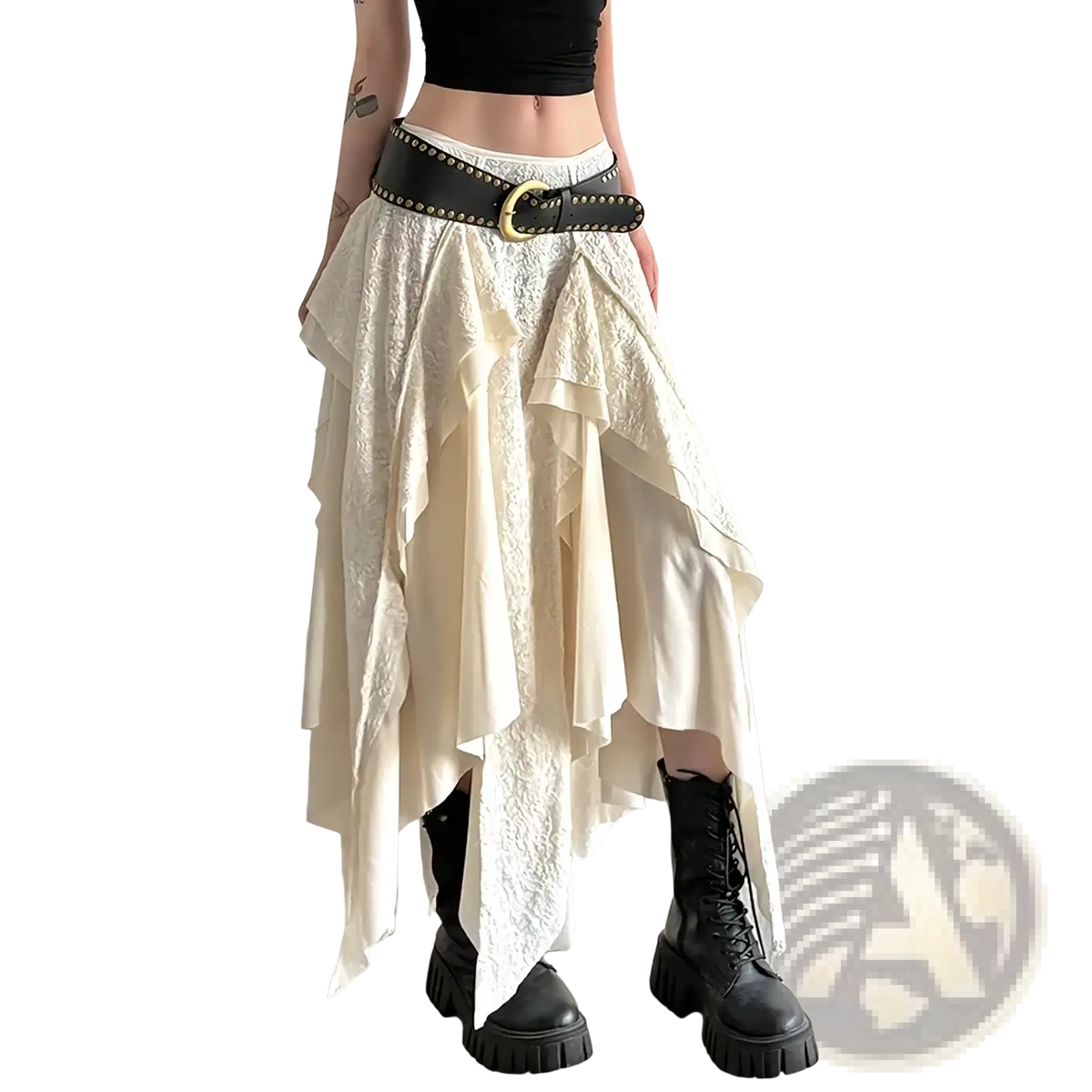 Cream lace asymmetric skirt with layered ruffles and a black studded belt for elegant occasions