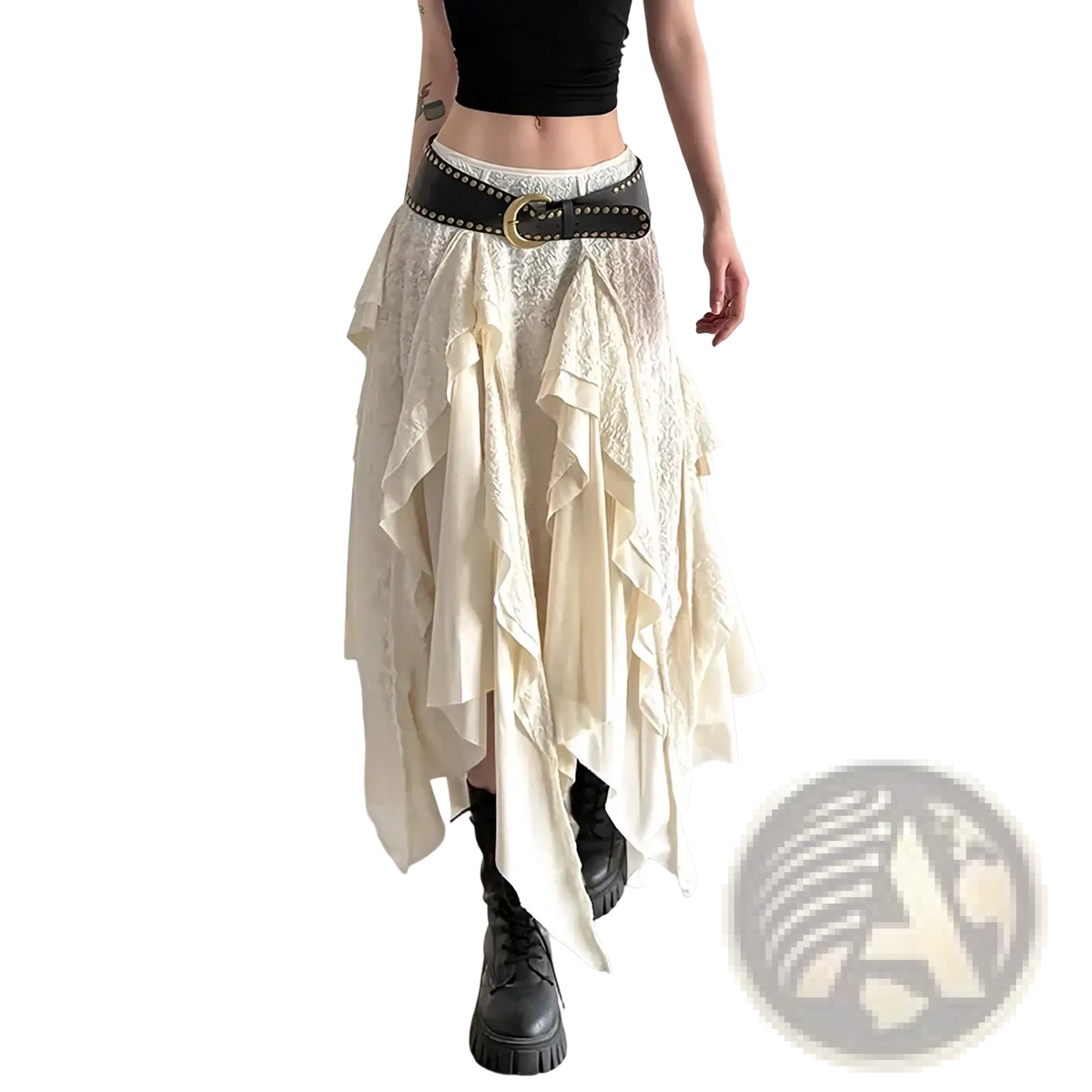 Cream lace asymmetric ruffle skirt featuring layered ruffles and a black studded belt for a stylish look