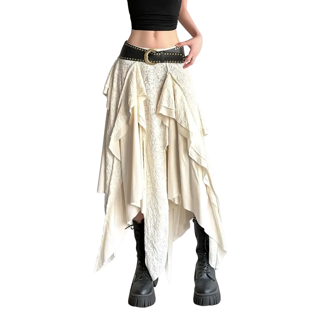 Cream lace asymmetric skirt with layered ruffles featuring a black studded belt for stylish elegance