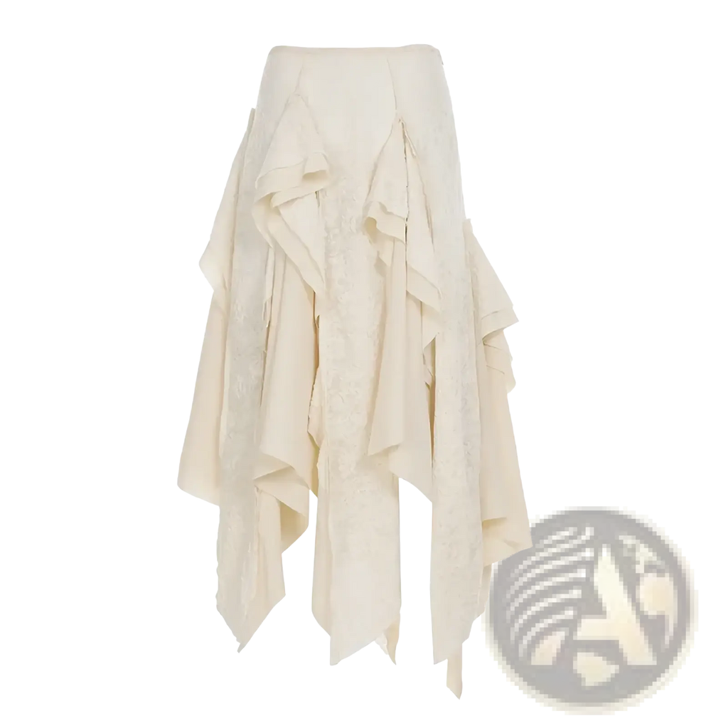 Off-white asymmetric skirt with layered ruffles and textured fabric featuring a belt detail