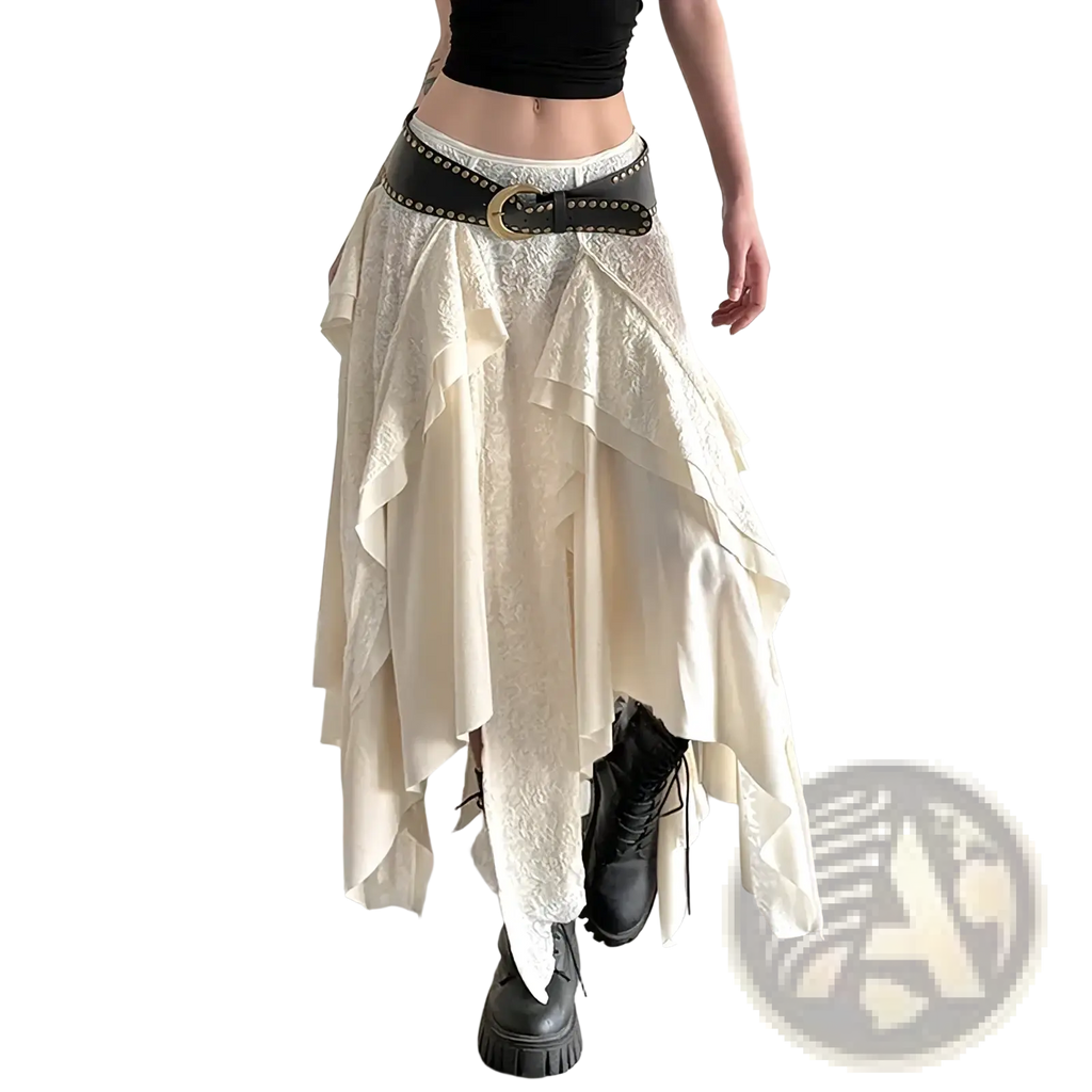 Cream lace asymmetric ruffle skirt in off-white with layered ruffles and a black studded belt for elegant wear