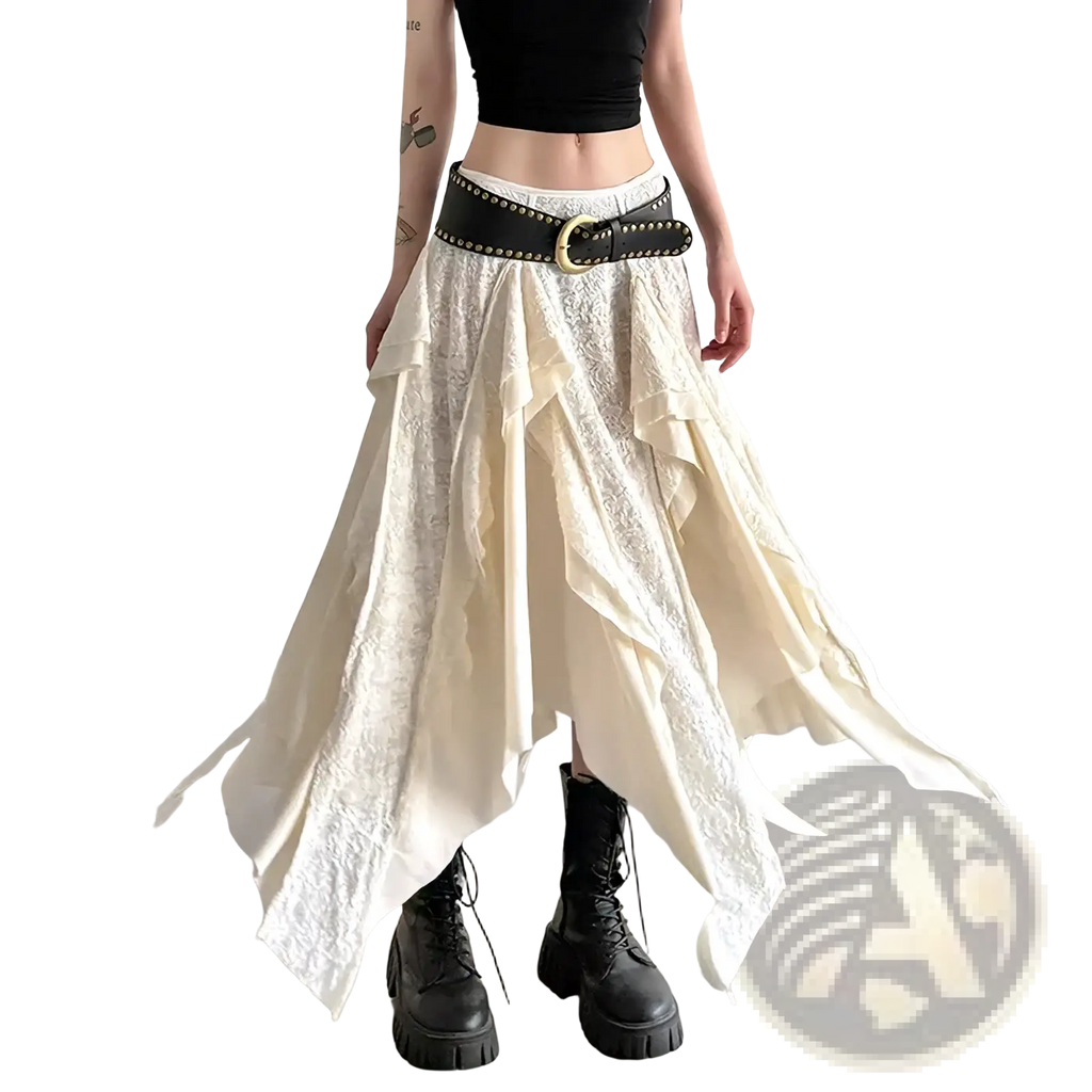 A cream lace asymmetric ruffle skirt with layered off-white lace fabric and a high-waisted design with belt