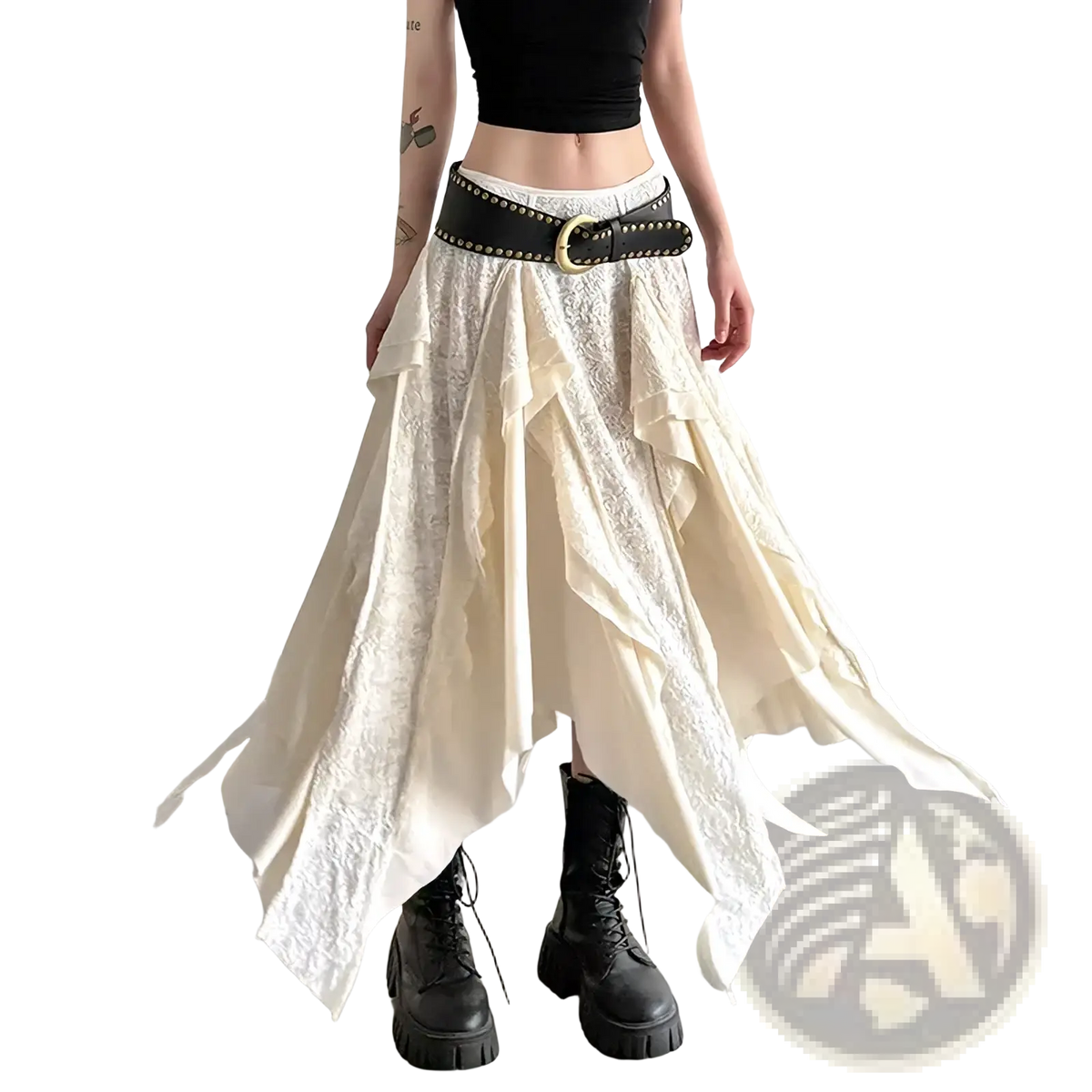 A cream lace asymmetric ruffle skirt with layered off-white lace fabric and a high-waisted design with belt