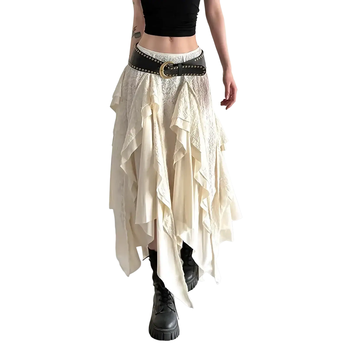 Cream lace asymmetric ruffle skirt with layered lace fabric and black studded belt in cream lace color