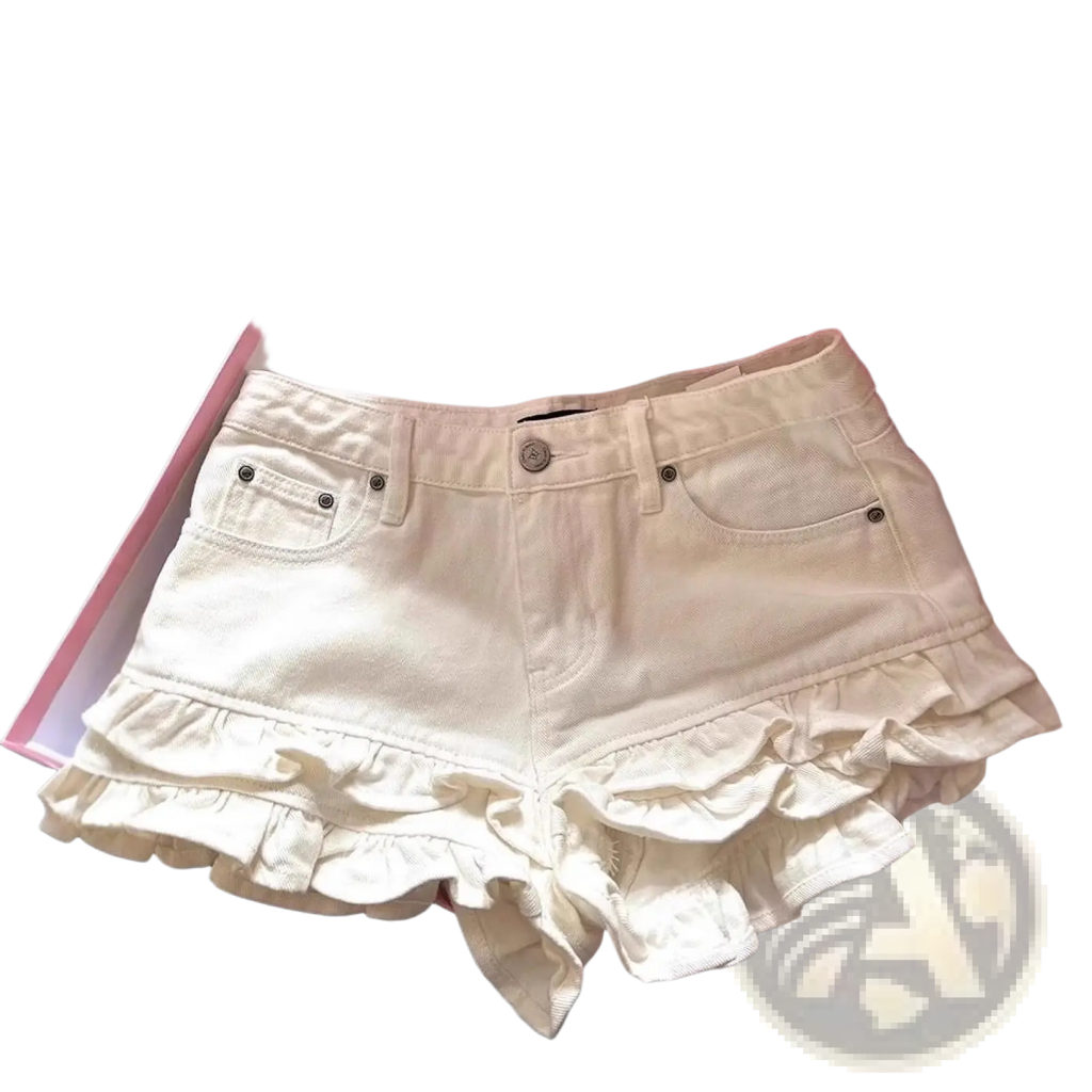 Cream ruffled denim shorts high waist in cream color featuring layered ruffle detailing at the hem