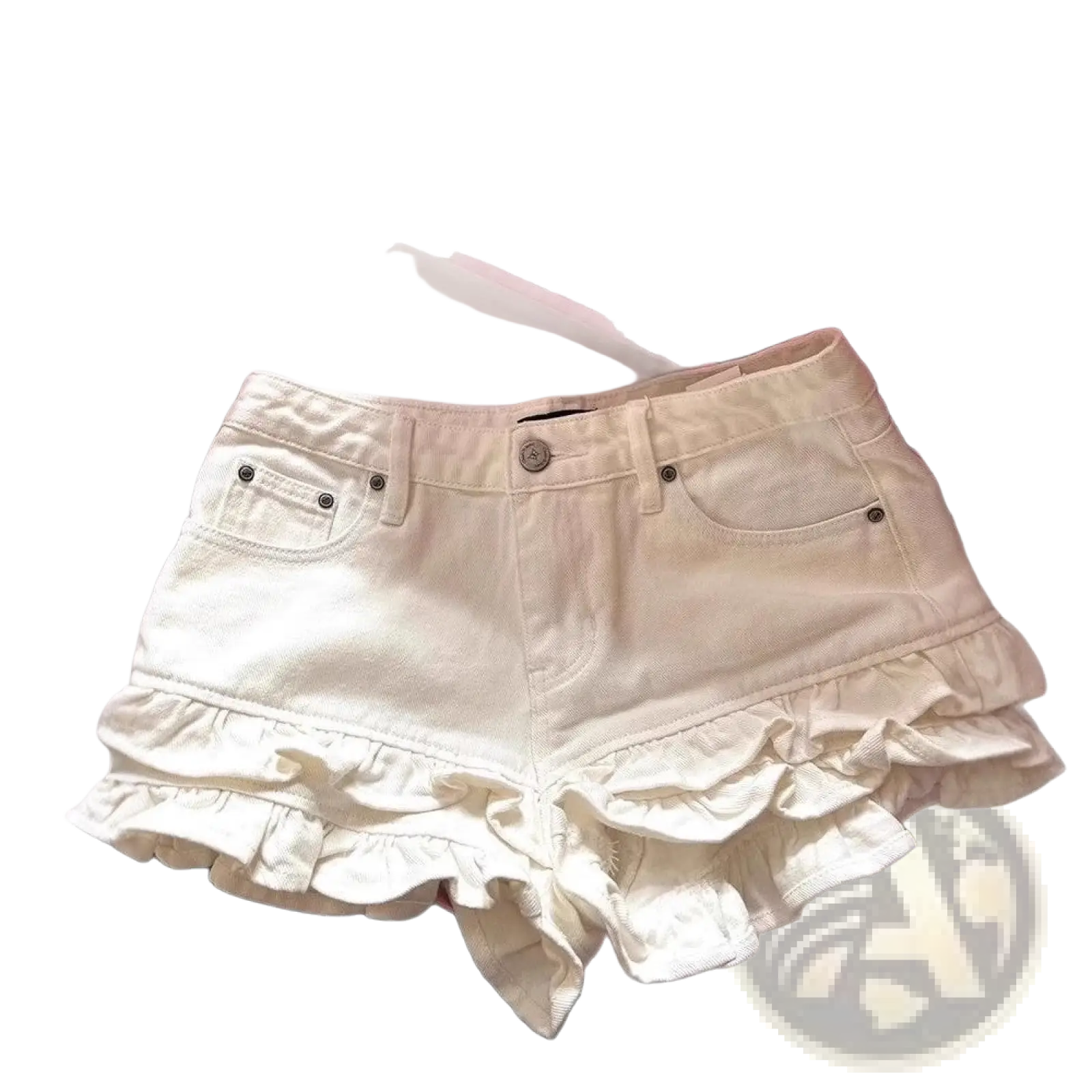 Cream ruffled denim shorts high waist in cream color featuring a ruffled hem and classic front pockets