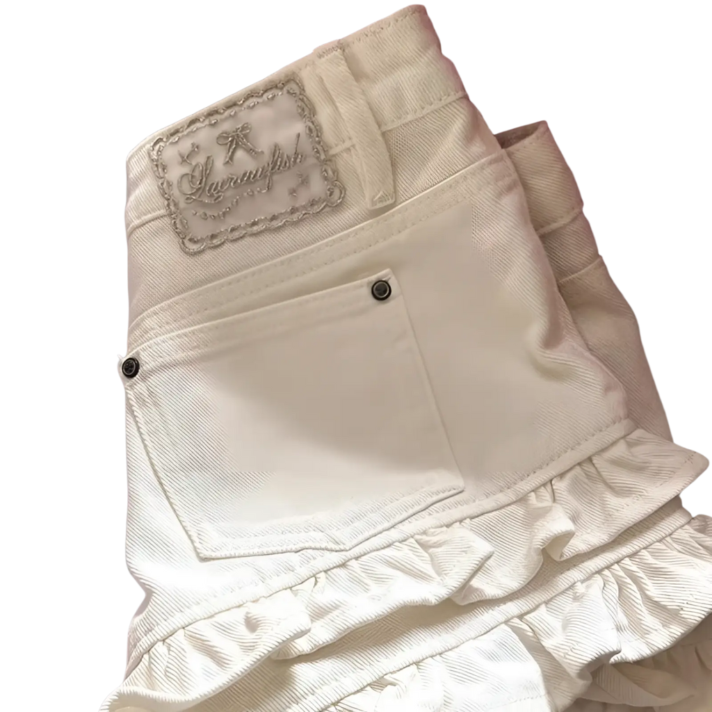 Back view of cream ruffled denim shorts high waist featuring cream-colored fabric and lavanyfish embroidered patch