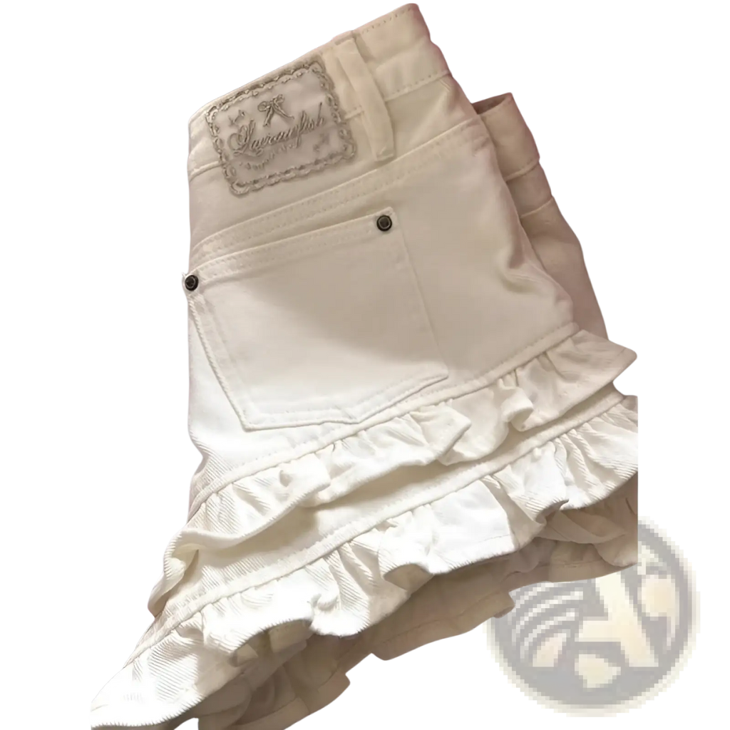 Back side of cream ruffled denim shorts high waist featuring layered ruffles and an embroidered patch on waistband