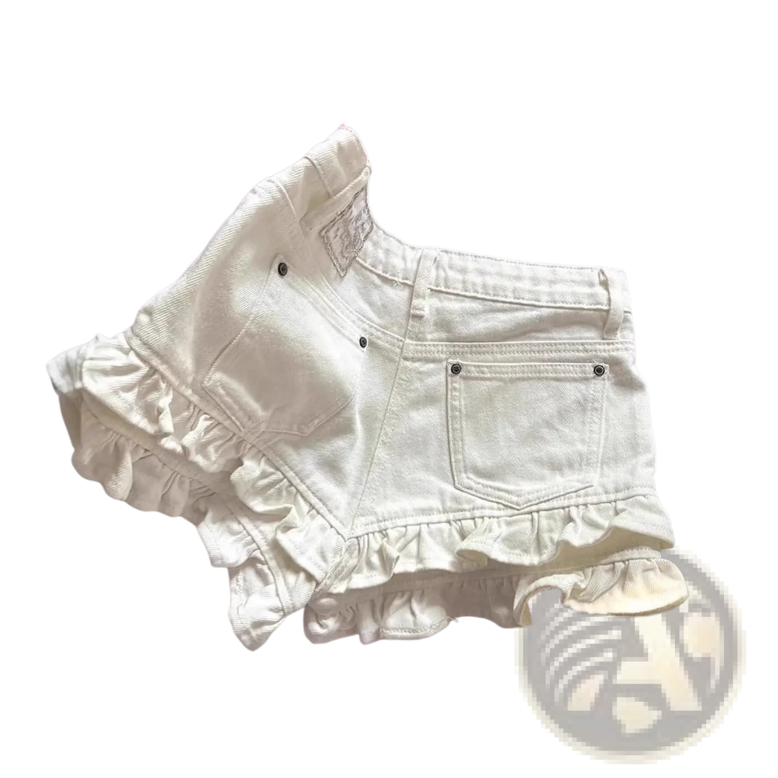 Cream ruffled denim shorts high waist showing back side with white denim fabric and ruffled hem and back pockets