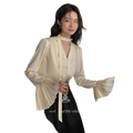 Cream satin blouse with long flared sleeves and pleated cuffs made of smooth satin fabric for elegant wear