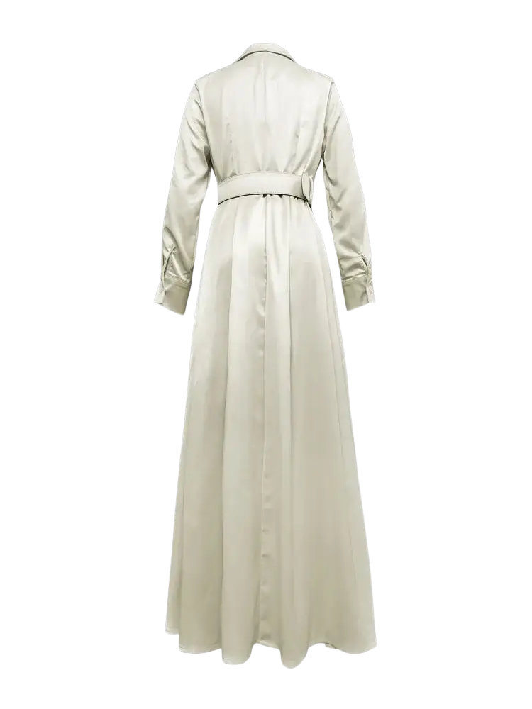 Cream satin trench dress with long sleeves and a belted waist made of smooth satin fabric in cream color