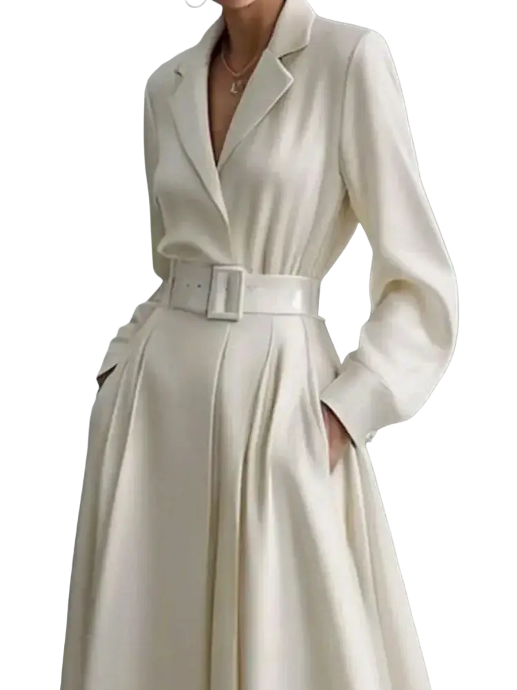 Cream satin trench dress long sleeve maxi with structured collar and matching belt featuring a rectangular buckle