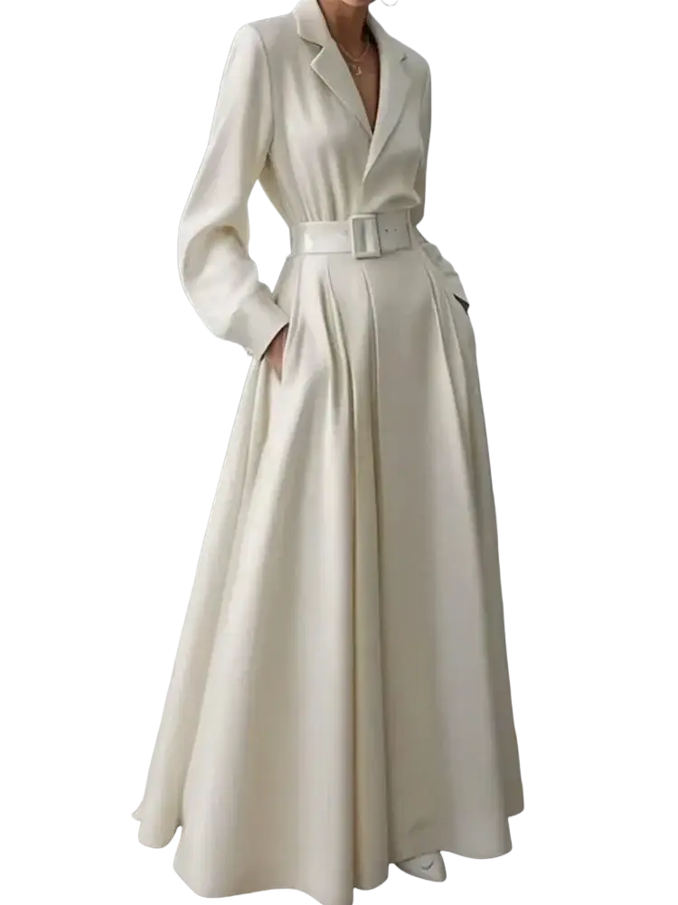 Cream satin trench dress long sleeve maxi featuring a tailored blazer-style top and wide belt in cream color