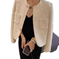 Cream sequined tweed blazer jacket with classic collar and front pockets in a cream color