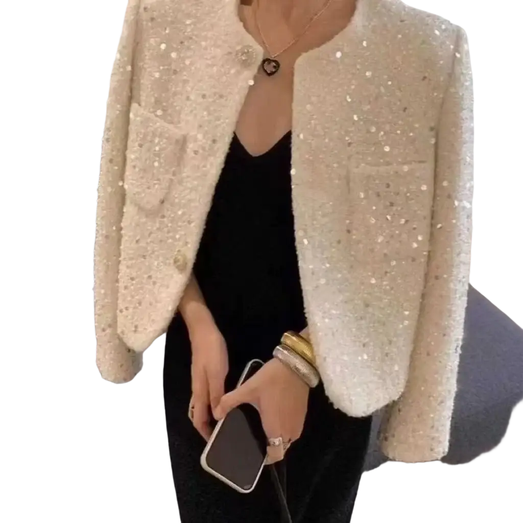Cream sequined tweed blazer jacket with classic collar and front pockets in a cream color