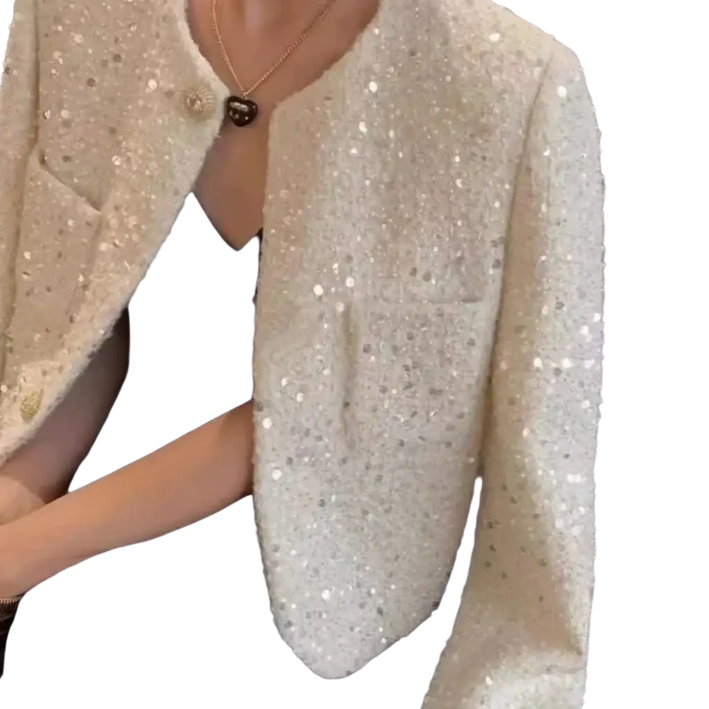 Cream sequined tweed blazer jacket in off-white with textured base and gold tone buttons for elegant wear