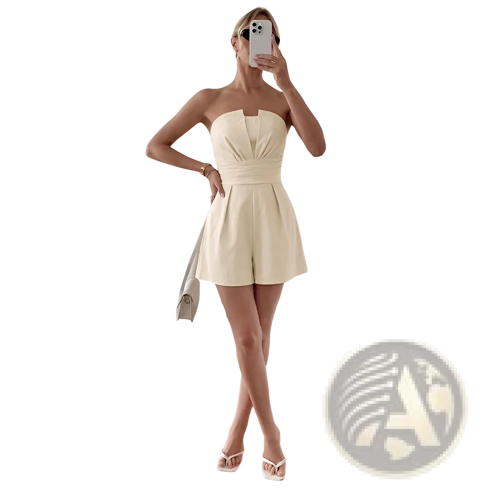 Cream strapless pleated jumpsuit featuring a cream-colored gathered waist romper with flared shorts