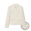 Cream tweed stand collar blazer in a cream color with a stand-up collar and four flap pockets