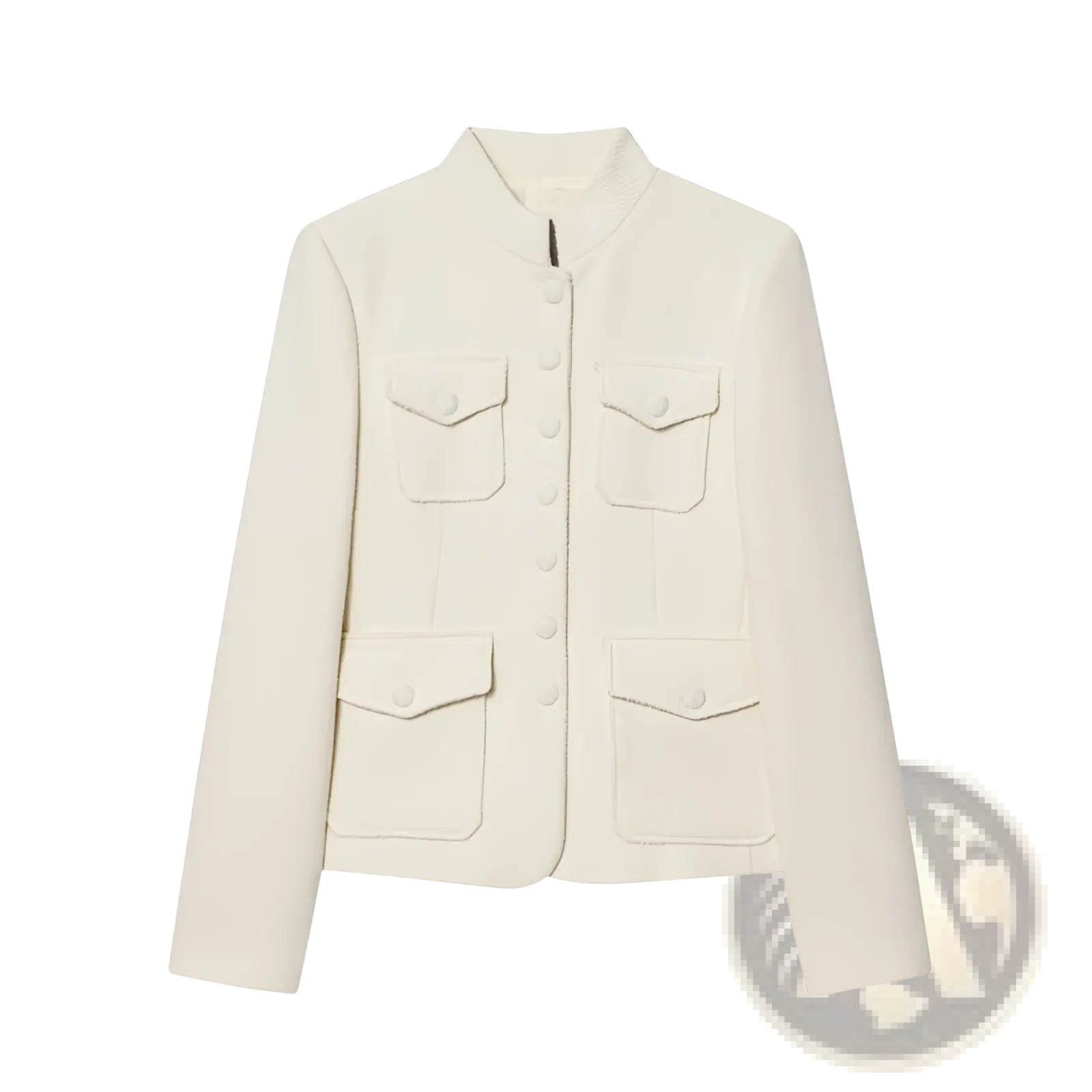 Cream tweed stand collar blazer in a cream color with a stand-up collar and four flap pockets
