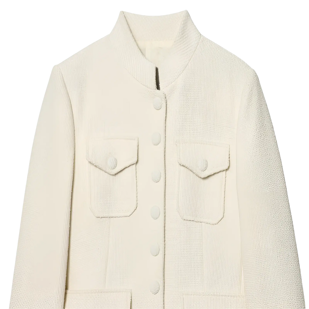 Cream tweed stand collar blazer featuring a cream-colored tweed material with button closure and flap pockets