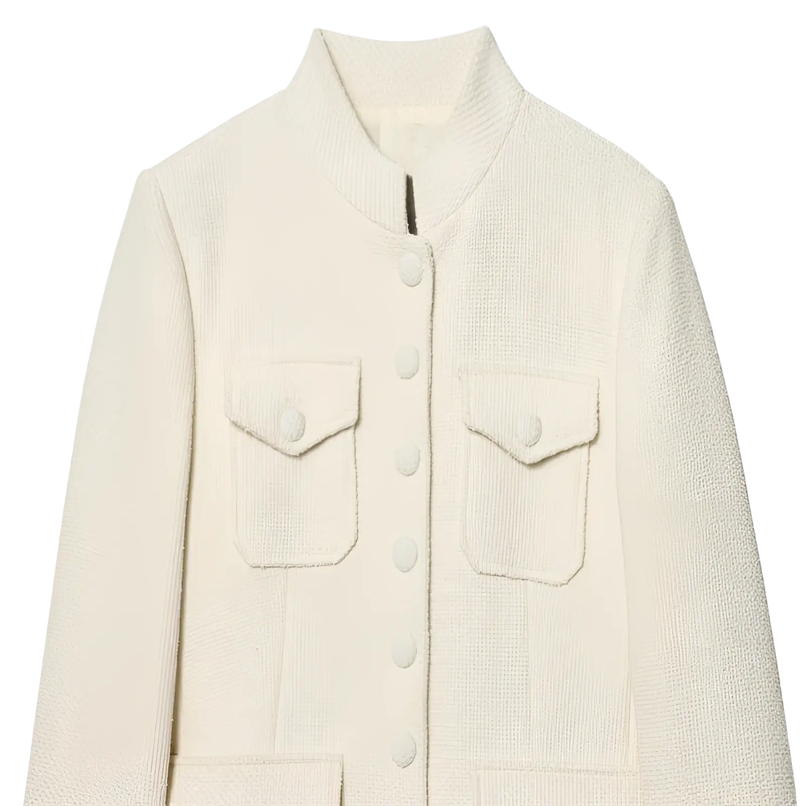 Cream tweed stand collar blazer featuring a cream-colored tweed material with button closure and flap pockets
