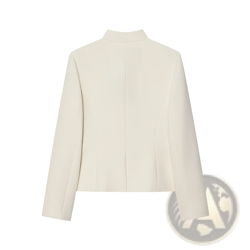 Cream tweed blazer in cream color with a stand collar and long sleeves tailored for a polished look