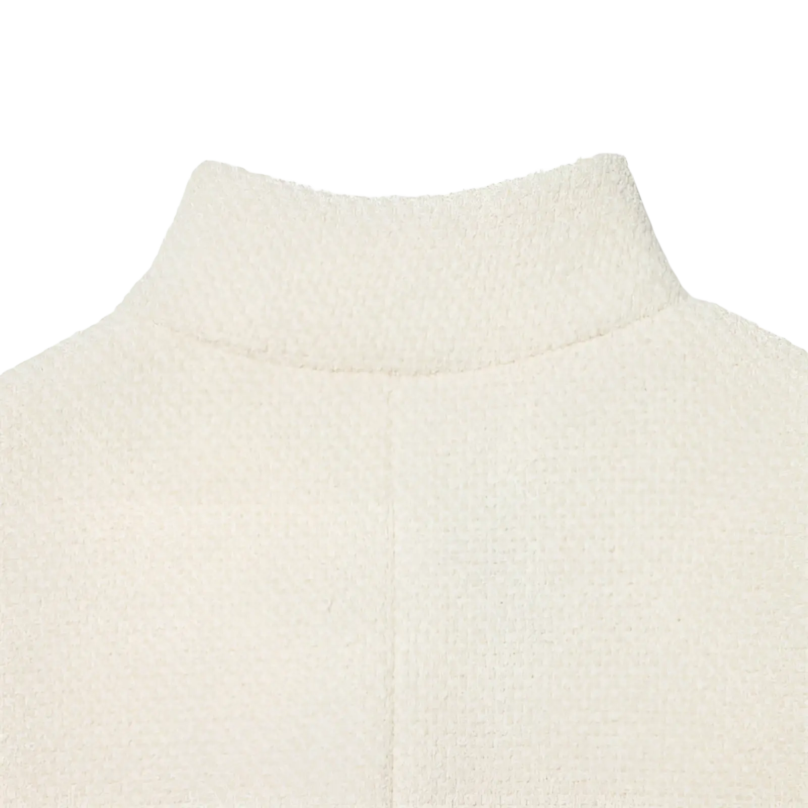 Cream tweed stand collar blazer paired with cream-colored textured knit turtleneck sweater in soft plush fabric