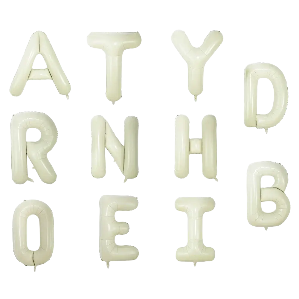 Cream white 40 inch glossy letter foil balloons arranged in a grid showcasing off-white color and shiny material