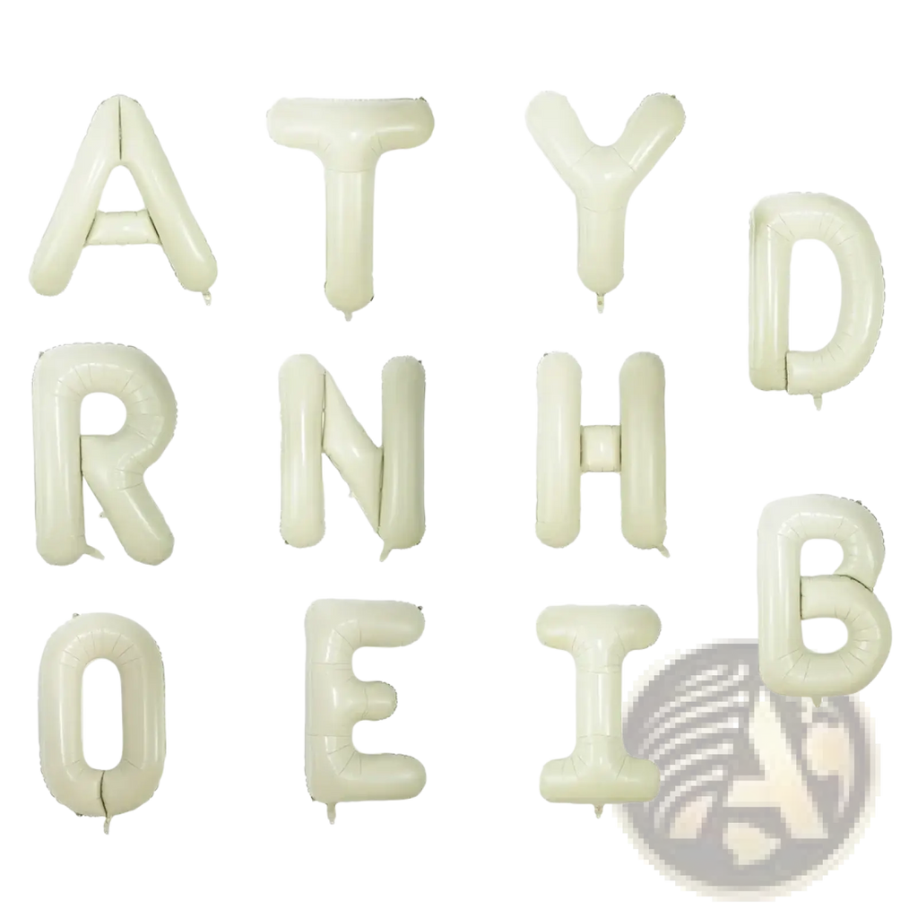 Cream white 40 inch glossy letter foil balloons arranged in a grid showcasing off-white color and shiny material