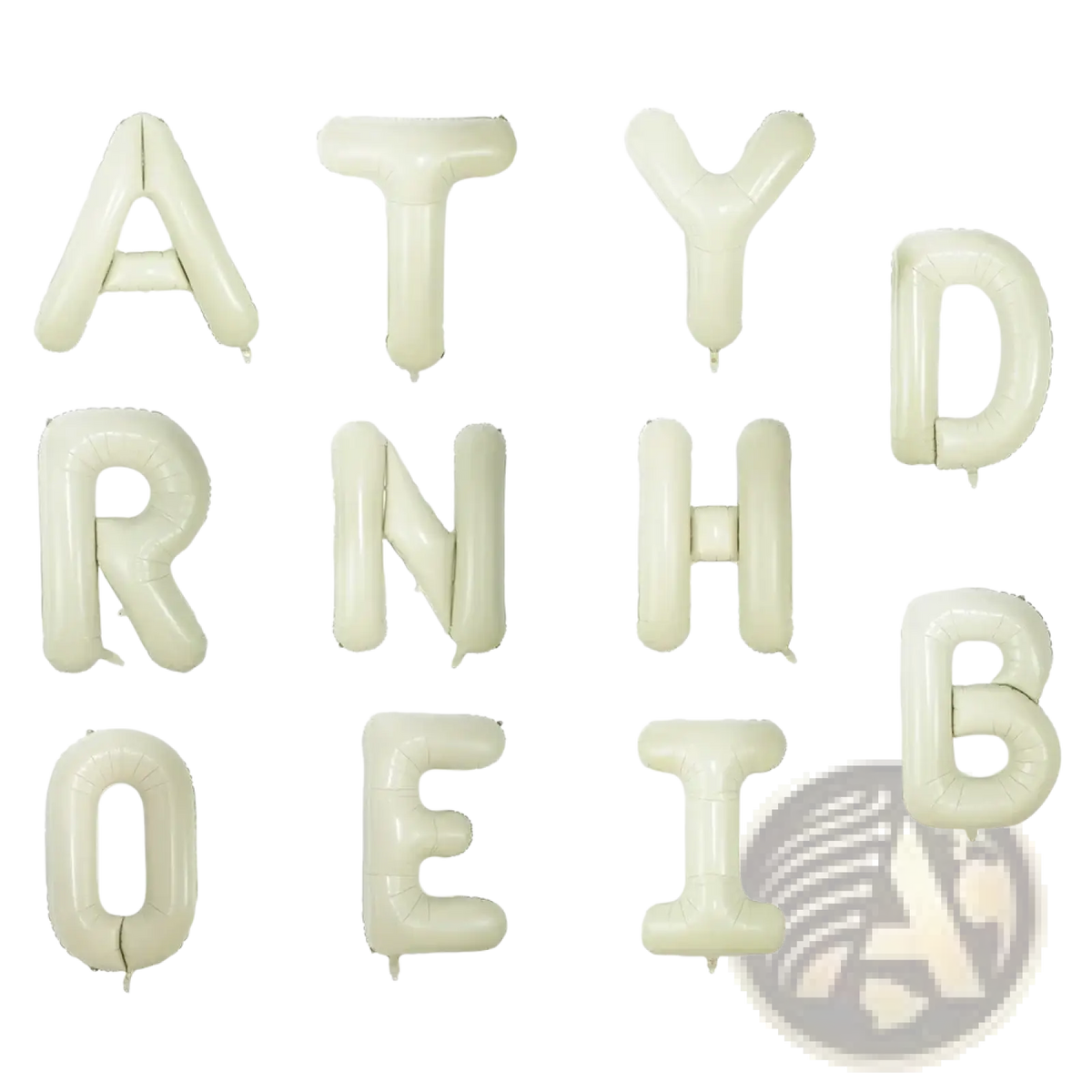 Cream white 40 inch glossy letter foil balloons arranged in a grid showcasing off-white color and shiny material