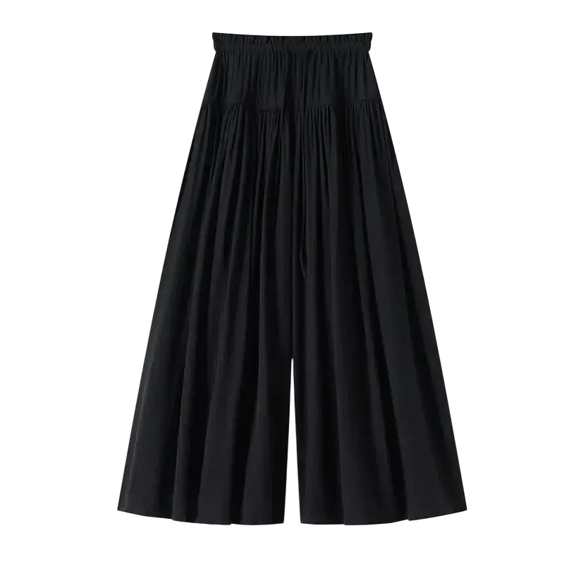 Black high-waisted wide leg pants with gathered waistband and flowing pleated fabric for elegant wear