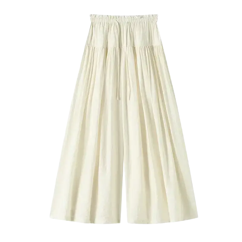 Cream wide leg drawstring pants featuring a high-waisted skirt design with a gathered elastic waistband and soft pleats