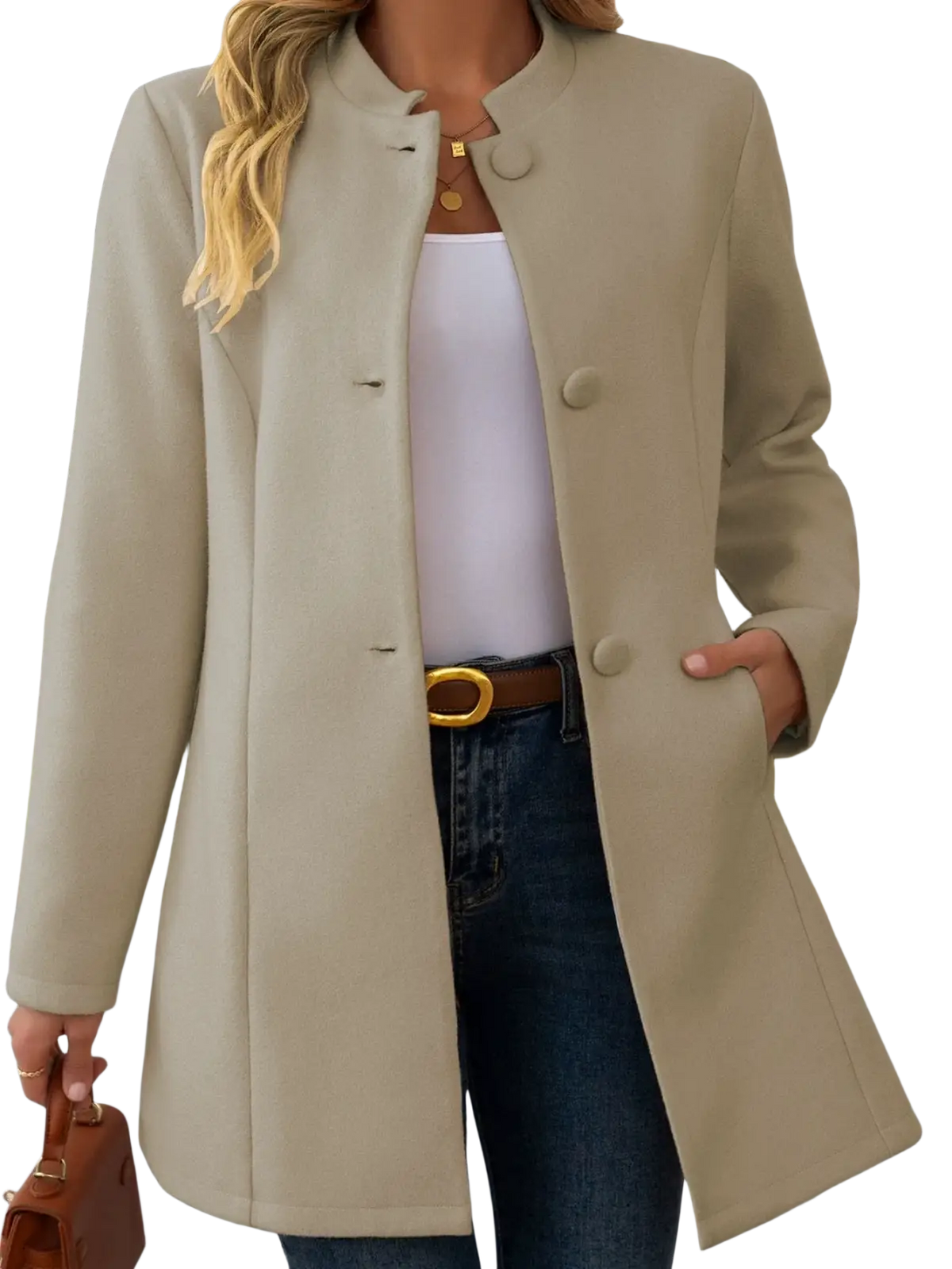 Cream wool blend coat in beige with double-breasted button closures and a mandarin stand collar outerwear