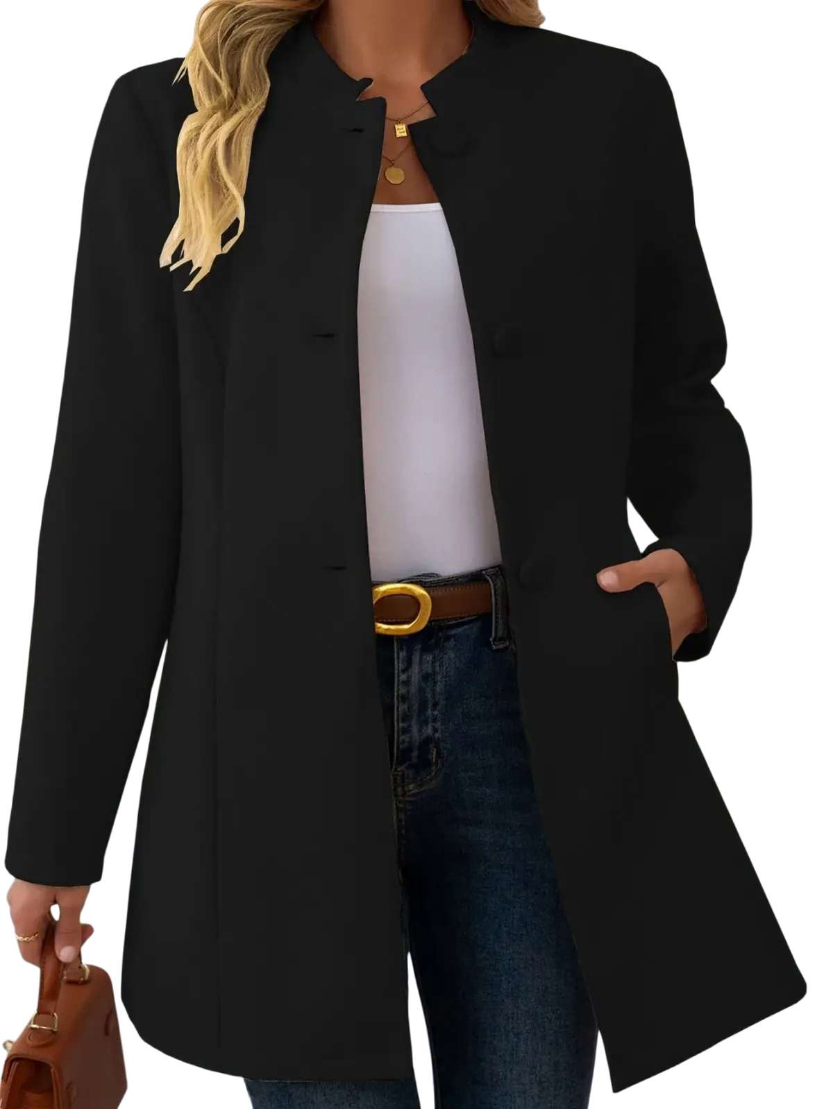 Black sleek longline coat with mandarin collar and front button closure made of cream wool blend for outerwear