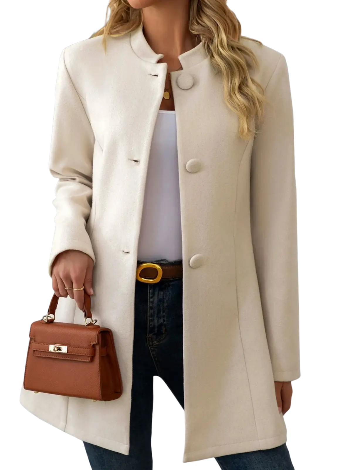 Cream wool blend coat with stand collar and matching buttons ideal for elegant outerwear