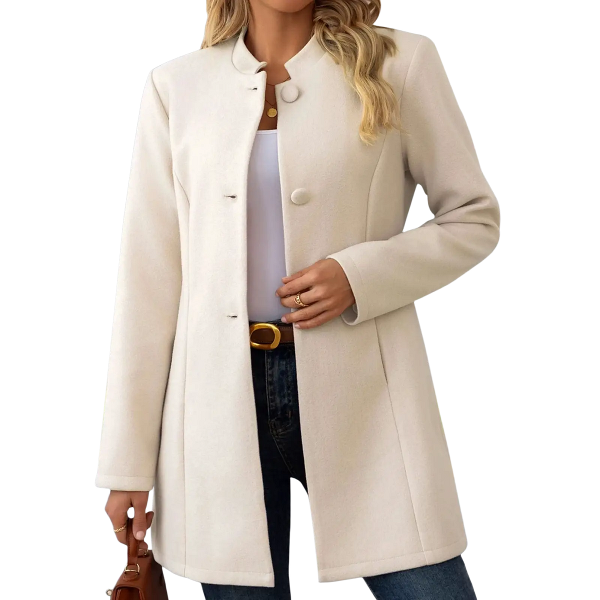 Cream wool blend coat with cream-colored long sleeves, stand collar, and three large buttons down the front