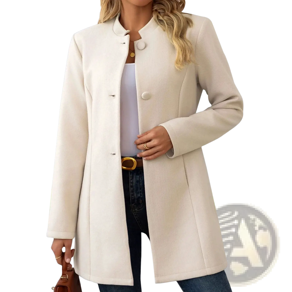 Cream wool blend coat with cream-colored long sleeves, stand collar, and three large buttons down the front