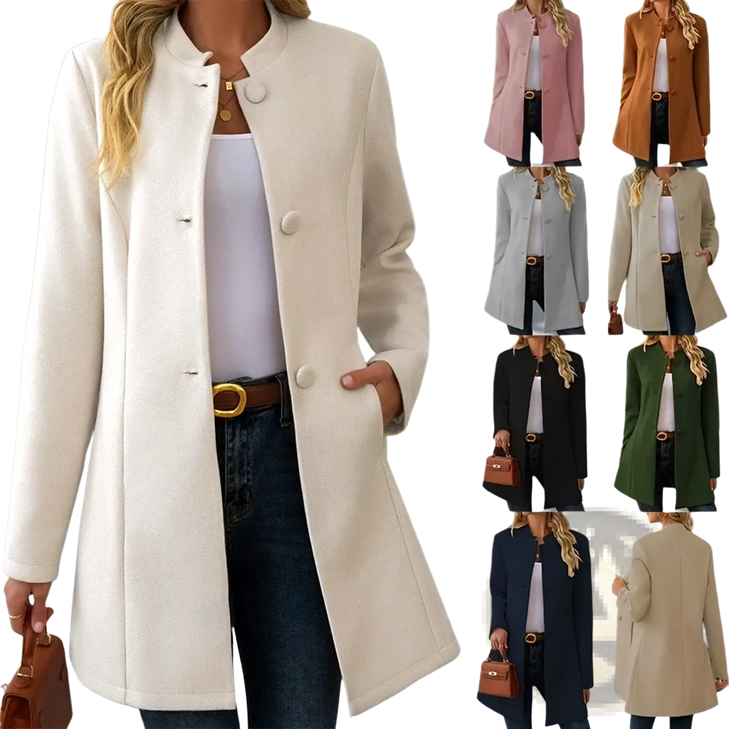 Cream wool blend longline coat with stand collar and three large round buttons for stylish outerwear