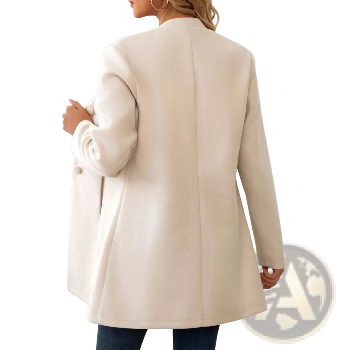 Cream wool blend coat with a stand collar and tailored cream-colored blazer style featuring a sleek structured design