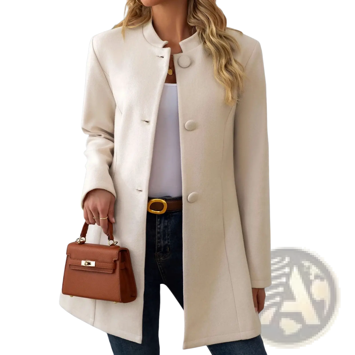 Cream wool blend coat with stand collar and three large round buttons front closure outerwear for cold weather