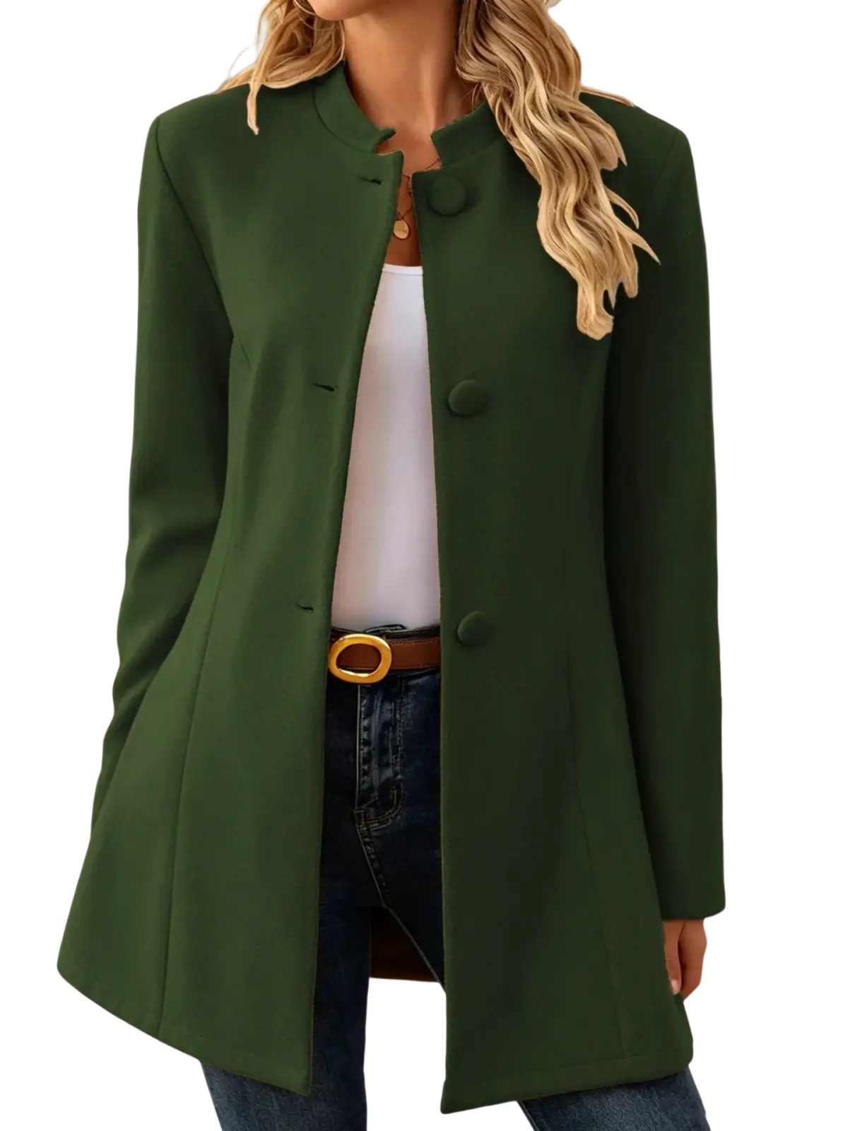 Dark green tailored wool blend coat with mandarin collar and three large buttons, designed as stand collar outerwear