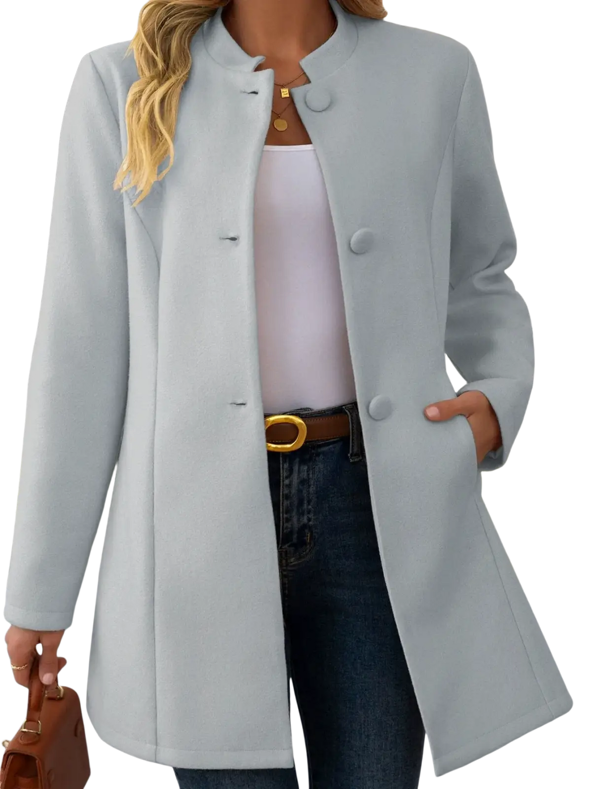 Light blue wool blend coat with stand collar and button closures for stylish outerwear