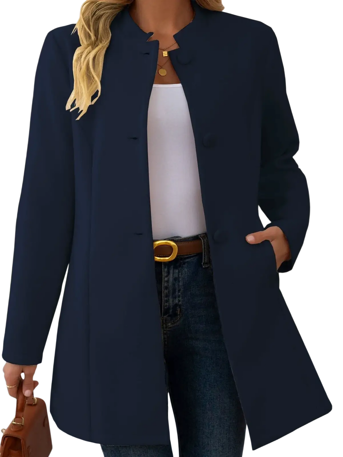 Cream wool blend coat with navy blue mandarin collar blazer style and front button closure outerwear for formal use